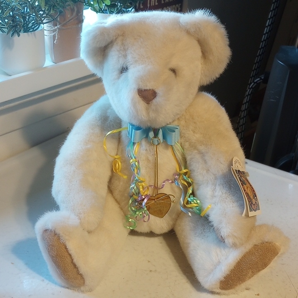 Vintage Cream Vermont Teddy Bear Happy Birthday 1994 w/ Tags! Colorful Ribbons
